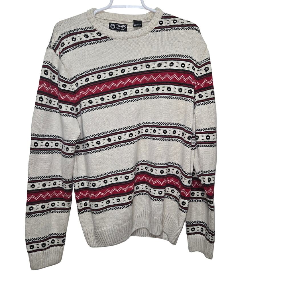 Chaps Fair Isle Sweater Large Cream Red Cotton Crewneck
